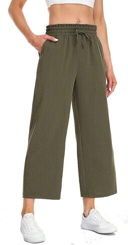 Women's Crop Linen Pants Wide Leg Elastic Waist Flowy Drawstring Trousers with Pockets in Saudi Arabia