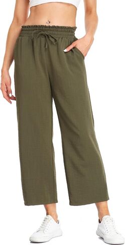 Women's Crop Linen Pants Wide Leg Elastic Waist Flowy Drawstring Trousers with Pockets in Saudi Arabia