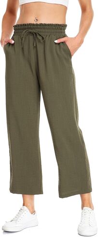 Women's Crop Linen Pants Wide Leg Elastic Waist Flowy Drawstring Trousers with Pockets in Saudi Arabia