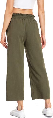 Women's Crop Linen Pants Wide Leg Elastic Waist Flowy Drawstring Trousers with Pockets in Saudi Arabia