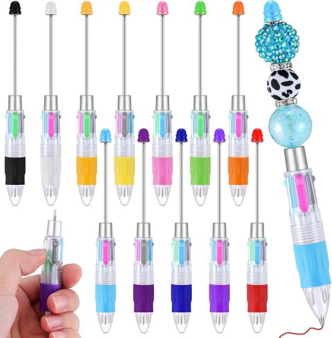 12 Pcs Multicolor Beadable Pens 4 in 1 Colored Beads Pen Retractable Ballpoint Pens for Mother's Day Gift DIY Making Kit Office School Party Favors(Multicolor) in Saudi Arabia