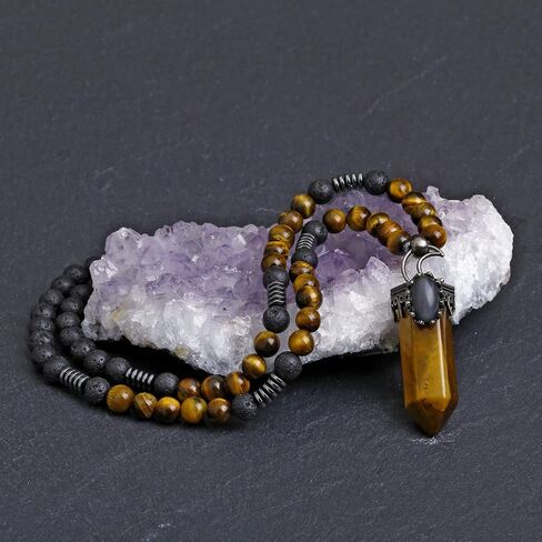 Jovivi Lava Rock Stones Healing Crystal Necklace Natural Amethyst Crystal Quartz Tiger Eye Gemstone Hexagonal Prism Pendant Healing Pointed Reiki Energy Balancing in Saudi Arabia
