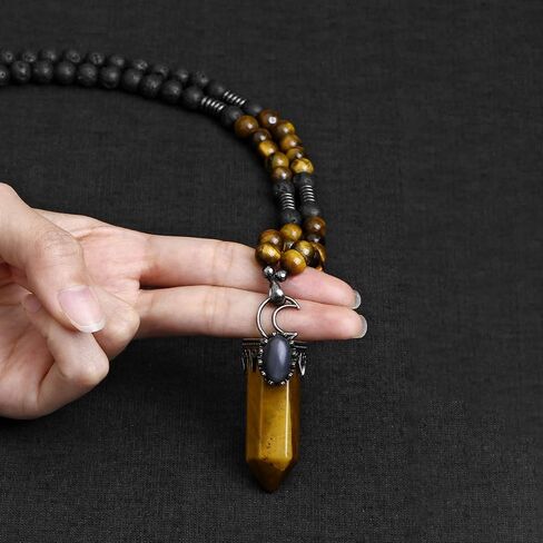 Jovivi Lava Rock Stones Healing Crystal Necklace Natural Amethyst Crystal Quartz Tiger Eye Gemstone Hexagonal Prism Pendant Healing Pointed Reiki Energy Balancing in Saudi Arabia