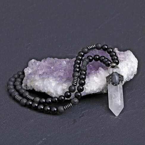 Jovivi Lava Rock Stones Healing Crystal Necklace Natural Amethyst Crystal Quartz Tiger Eye Gemstone Hexagonal Prism Pendant Healing Pointed Reiki Energy Balancing in Saudi Arabia