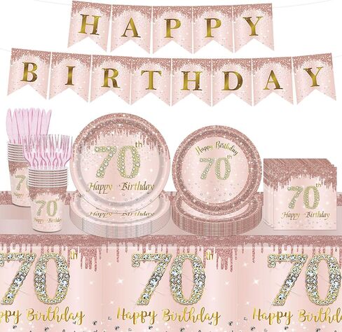 98PCS 70th Birthday Party Supplies Pink Rose Gold Party Decorations 70th Birthday Tableware Set 70th Birthday Decorations for Women Paper Plates Napkins Cups Forks Knives Tablecloth Banner Serve 16 in Saudi Arabia