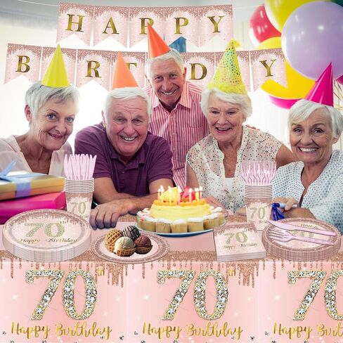 98PCS 70th Birthday Party Supplies Pink Rose Gold Party Decorations 70th Birthday Tableware Set 70th Birthday Decorations for Women Paper Plates Napkins Cups Forks Knives Tablecloth Banner Serve 16 in Saudi Arabia