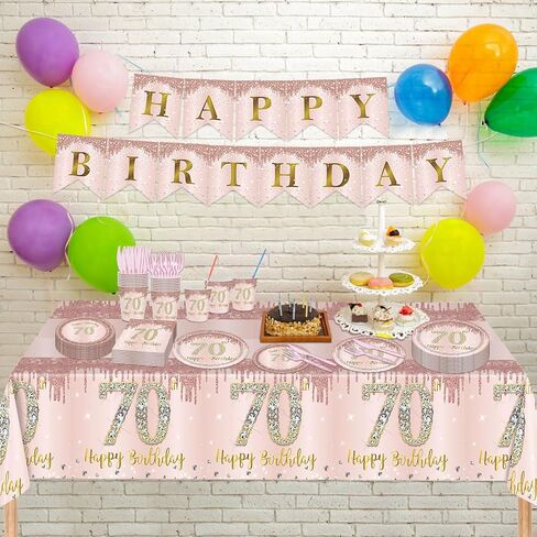 98PCS 70th Birthday Party Supplies Pink Rose Gold Party Decorations 70th Birthday Tableware Set 70th Birthday Decorations for Women Paper Plates Napkins Cups Forks Knives Tablecloth Banner Serve 16 in Saudi Arabia
