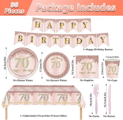 98PCS 70th Birthday Party Supplies Pink Rose Gold Party Decorations 70th Birthday Tableware Set 70th Birthday Decorations for Women Paper Plates Napkins Cups Forks Knives Tablecloth Banner Serve 16 in Saudi Arabia