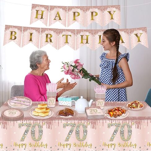 98PCS 70th Birthday Party Supplies Pink Rose Gold Party Decorations 70th Birthday Tableware Set 70th Birthday Decorations for Women Paper Plates Napkins Cups Forks Knives Tablecloth Banner Serve 16 in Saudi Arabia