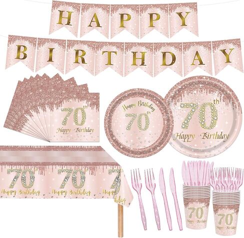 98PCS 70th Birthday Party Supplies Pink Rose Gold Party Decorations 70th Birthday Tableware Set 70th Birthday Decorations for Women Paper Plates Napkins Cups Forks Knives Tablecloth Banner Serve 16 in Saudi Arabia
