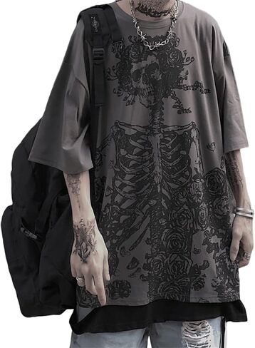 Women Men Y2K Skeleton T Shirt Gothic Skull Graphic Tee Oversized Punk Grunge Short Sleeve Top Streetwear Emo Alt Clothes in Saudi Arabia