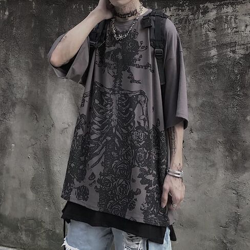 Women Men Y2K Skeleton T Shirt Gothic Skull Graphic Tee Oversized Punk Grunge Short Sleeve Top Streetwear Emo Alt Clothes in Saudi Arabia