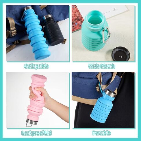 4 Pack Collapsible Water Bottle for Traveling Foldable Water Bottles Reusable Silicone Portable Leak Proof Waterbottle with Clip for Kids Adults Hiking Camping Gym Sports, 18.6 oz(Bright Color) in Saudi Arabia
