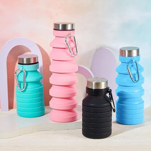 4 Pack Collapsible Water Bottle for Traveling Foldable Water Bottles Reusable Silicone Portable Leak Proof Waterbottle with Clip for Kids Adults Hiking Camping Gym Sports, 18.6 oz(Bright Color) in Saudi Arabia