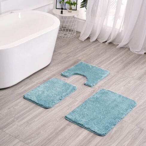 3 Pieces Luxury Bathroom Rug Set with U-Shaped Toilet Rug, Non-Slip Rubber Bottom, Thick Microfiber Fluffy Plush, Water absorption, Quick Dry, Ultra Soft, Bath Mats for Bathroom, Tub(Lake Blue) in Saudi Arabia
