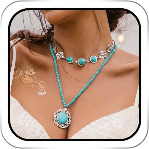 بوهو الفيروز العروس قلادة قلادة الفضة الطبقات خمر الخرز القلائد القصيرة سلسلة عنق الزفاف للنساء (2 قطعة) in Kuwait