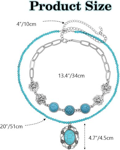 بوهو الفيروز العروس قلادة قلادة الفضة الطبقات خمر الخرز القلائد القصيرة سلسلة عنق الزفاف للنساء (2 قطعة) in Kuwait