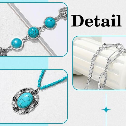 بوهو الفيروز العروس قلادة قلادة الفضة الطبقات خمر الخرز القلائد القصيرة سلسلة عنق الزفاف للنساء (2 قطعة) in Kuwait