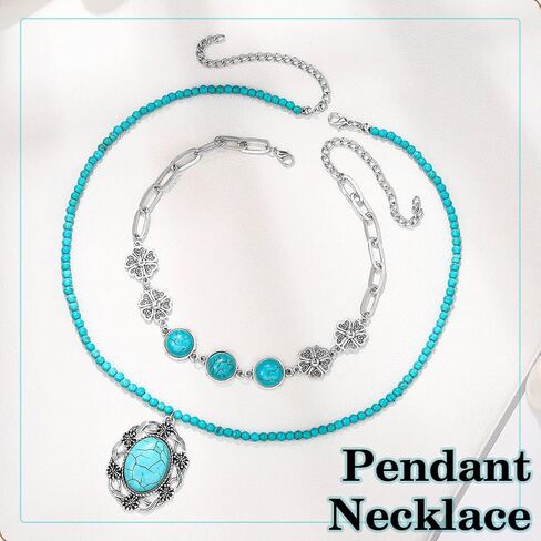 بوهو الفيروز العروس قلادة قلادة الفضة الطبقات خمر الخرز القلائد القصيرة سلسلة عنق الزفاف للنساء (2 قطعة) in Kuwait