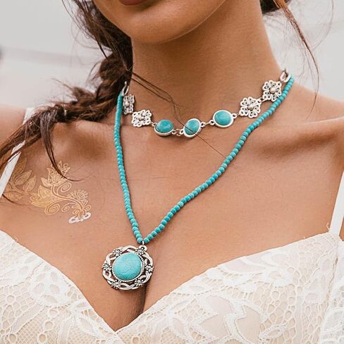 بوهو الفيروز العروس قلادة قلادة الفضة الطبقات خمر الخرز القلائد القصيرة سلسلة عنق الزفاف للنساء (2 قطعة) in Kuwait