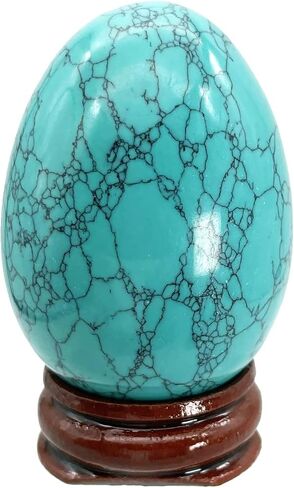 Stone Egg Figurine, Polished Healing Crystal Easter Eggs Sphere Sculpture with Wood Stand, Green Howlite Turquoise, 1.8" in Saudi Arabia