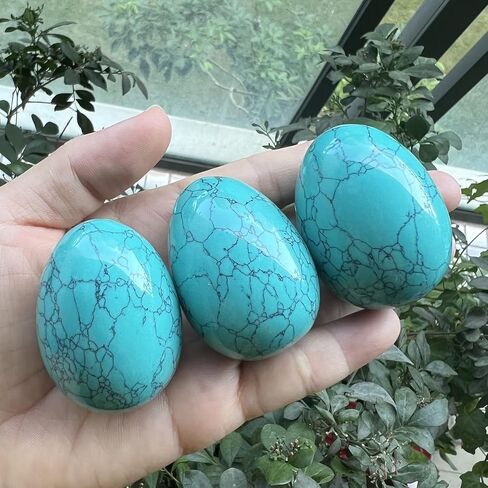 Stone Egg Figurine, Polished Healing Crystal Easter Eggs Sphere Sculpture with Wood Stand, Green Howlite Turquoise, 1.8" in Saudi Arabia