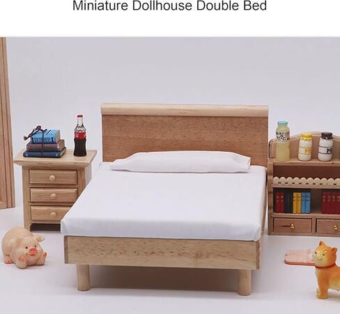 نموذج سرير مزدوج لبيت الدمى 1:12، سرير صغير محمول مصنوع من مادة البلوط لتزيين أثاث بيت الدمى in Kuwait