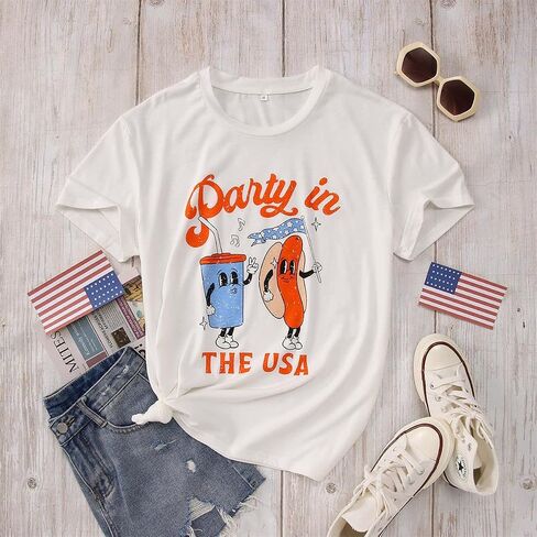 Party in The USA Shirt Women 4th of July Hot Dog T-Shirt Independence Day Funny Patriotic Graphic Casual Tee Tops in Saudi Arabia
