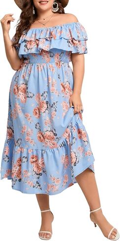KOJOOIN Women Plus Size Off Shoulder Maxi Dress Ruffle Flowy Casual Summer Boho Long Dresses in Saudi Arabia