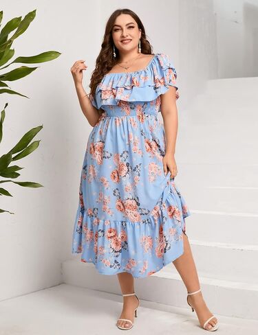 KOJOOIN Women Plus Size Off Shoulder Maxi Dress Ruffle Flowy Casual Summer Boho Long Dresses in Saudi Arabia