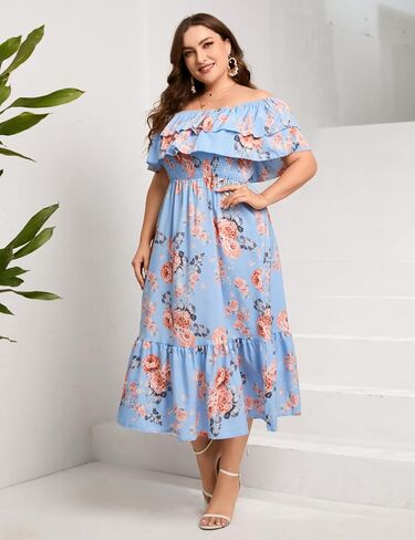 KOJOOIN Women Plus Size Off Shoulder Maxi Dress Ruffle Flowy Casual Summer Boho Long Dresses in Saudi Arabia