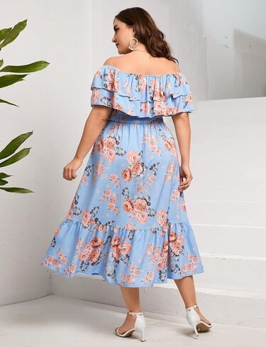 KOJOOIN Women Plus Size Off Shoulder Maxi Dress Ruffle Flowy Casual Summer Boho Long Dresses in Saudi Arabia