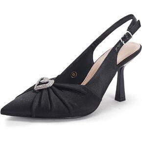Coutgo Womens Rhinestone Satin Heels Slingback Closed Pointed Toe Pumps Dress Shoes High Heels Sexy Wedding Bride Stilettos Shoes