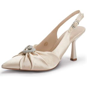 Coutgo Womens Rhinestone Satin Heels Slingback Closed Pointed Toe Pumps Dress Shoes High Heels Sexy Wedding Bride Stilettos Shoes