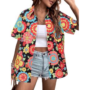 Vintage Hawaiian Shirt Woman 60s 70s Outfit Disco Hippie Party Shirts Floral Button Up Short Sleeve Tops