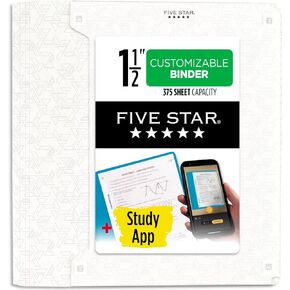 Five Star 3 Ring Binder, 1-1/2 Inch Binder with D Rings, Customizable Clear View Cover + Study App, Poly, White (261460A-ECM)