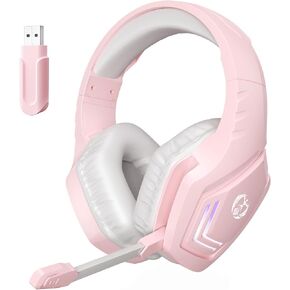 سماعة ألعاب وردية لاسلكية مع ميكروفون، صوت محيطي ستيريو، سماعات رأس لاسلكية 2.4 جيجا مطورة فوق الأذن مع ميكروفون، وسادات أذن ناعمة، ضوء LED أبيض، عزل الضوضاء للفتيات والمراهقين والنساء in Kuwait
