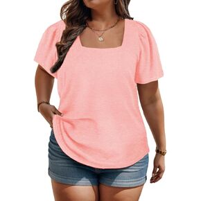 VISLILY Womens-Plus-Size-Tops Summer Puff Short Sleeve T Shirts Square Neck Tees Loose Fashion Tunics XL-5XL