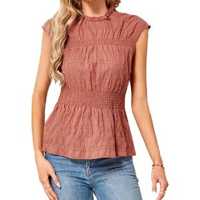 JASAMBAC Women's Tops Casual Short Sleeve Mock Neck Floral Print Smocked Ruffle Hem Slim Babydoll Blouse Shirt Tunics