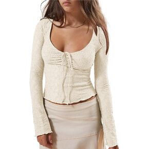 Imily Bela Womens Long Sleeve Scoop Neck Tops Going Out Crop Tops Sexy Slim Fit Blouses Lace Shirts