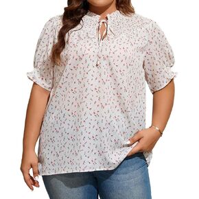 Plus Size Women's Blouse Top V Neck Ruff Floral Print Summer Half Sleeve Shirts Casual Loose Fit US Sizes 16-28