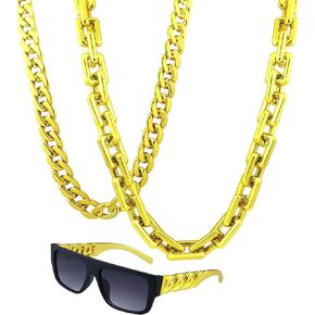 3 Pcs Hip Hop Costume Kits 80s 90s Rapper Accessories Outfit Big Chunky Plastic Gold Chain Necklace Twist Leg Punk Sunglasses for Men Women Party Supplies