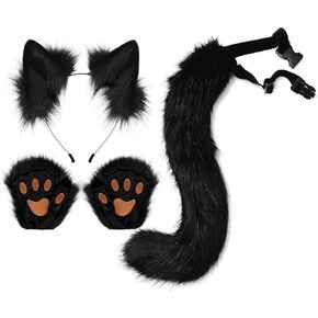 HAOAN Faux Fur Wolf Ears Headband Fox Tail and Paw Gloves Set Cosplay Halloween Costume Accessories