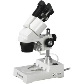 AmScope SE304-PY Binocular Stereo Microscope, WF10x and WF15x Eyepieces, 20X/30X/40X/60X Magnification, 2X and 4X Objectives, Tungsten Lighting, Reversible Black/White Stage Plate, Pillar Stand, 110V