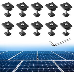 10pcs Solar Panels Centre Clamps, Aluminium T-Shaped Mid Clamps 30mm/35mm Solar Panel Mounting Brackets Solar Mounting Rail Connector for Metal Roof, Tin Roof, Flat Roof, Sheet Roof, Black