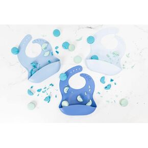 Baby Silicone Bibs Set Of 3 | Muted Blue | Infant Toddler Feeding | Waterproof, Durable, Adjustable
