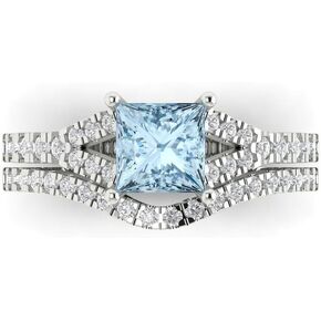 Clara Pucci 2.11 ct Princess Cut Solitaire Natural Aquamarine Designer Art Deco Statement Wedding Curved Ring Band Set 18K White Gold