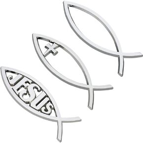 SUPERFINDINGS 3PCS Sliver Jesus Fish Decal Sticker 5.5x1.8in Plastic Christian Fish Sticker 3 Style Christian Cross Fish Emblem for Car Window Laptops Decoration