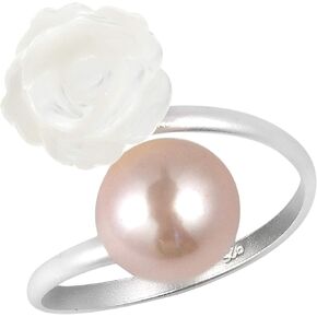 Aeravida Charming White Rose Wrap Cultured Freshwater Pink Pearl .925 Sterling Silver Ring | Cute Wedding Rings For Women | Casual Comfort Fit Silver Rings for Women | Gift for Daughter | Sterling Silver Rings
