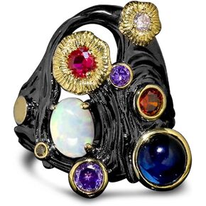 Black Multi Stone Ring for Women,S925 Sterling Silver Black Punk Gothic Biker Cocktail Party Statement Ring Jewelry Gift for Her